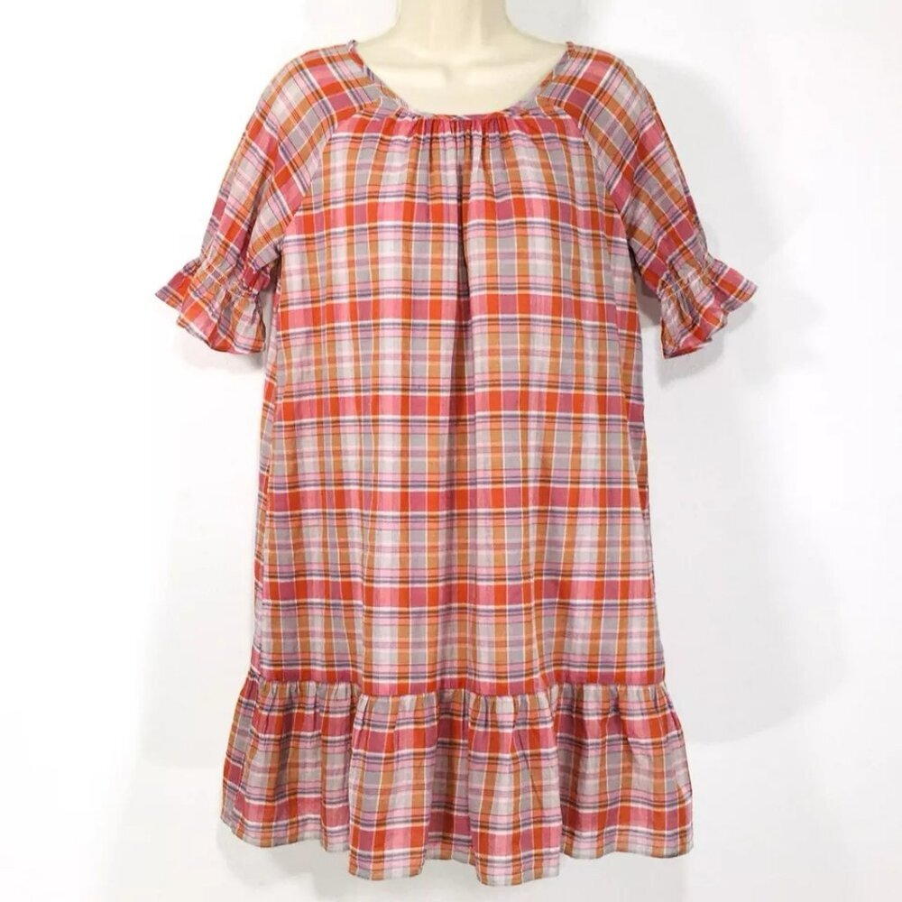 Madewell Plaid Oversized Mini Shift Dress Sz XS Popover Lined Ruffle Sleeves